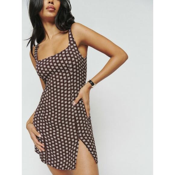 New Reformation Noha Dress Brown Geometric Back Zip Side Slit Sleeveless Sz 6 - Picture 2 of 13